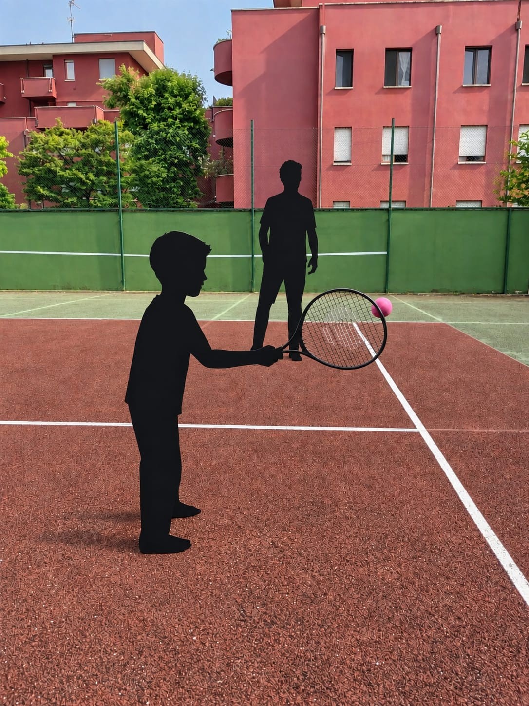 Due giocatori sul campo da tennis condominiale